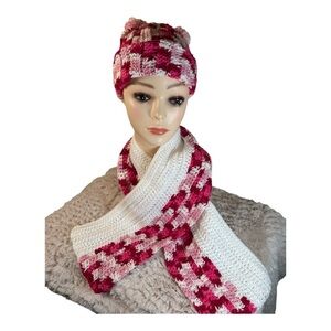 Handmade  Crochet Hat & Scarf Set Cozy & Stylish. Brand new white, pink and red